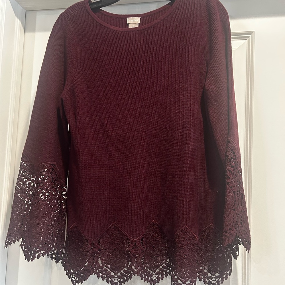 Chico's Burgundy Lace Sleeve Sweater